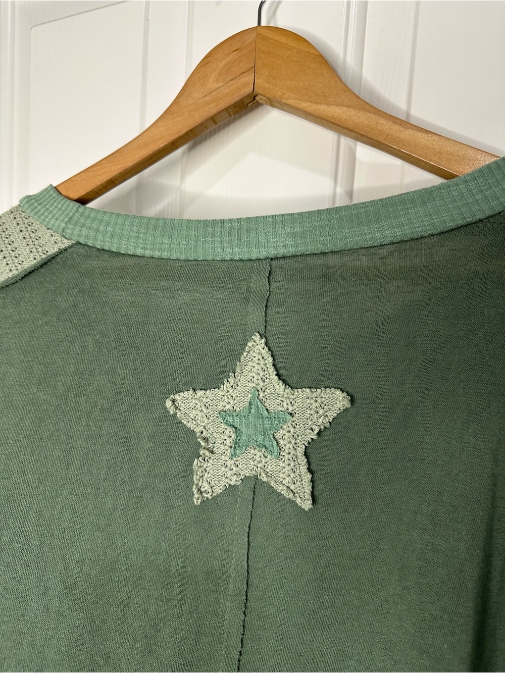 POL Mist Green Stars Patchwork Round Neck Cropped Oversized Long Sleeve S Boho - Picture 5 of 10